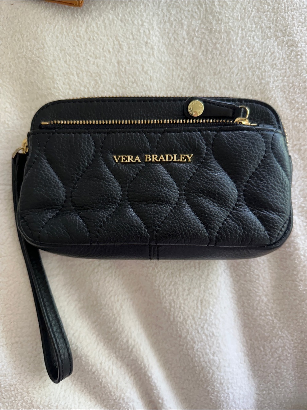 Vera Bradley Black Quilted Leather-Look Wristlet with Gold Hardware